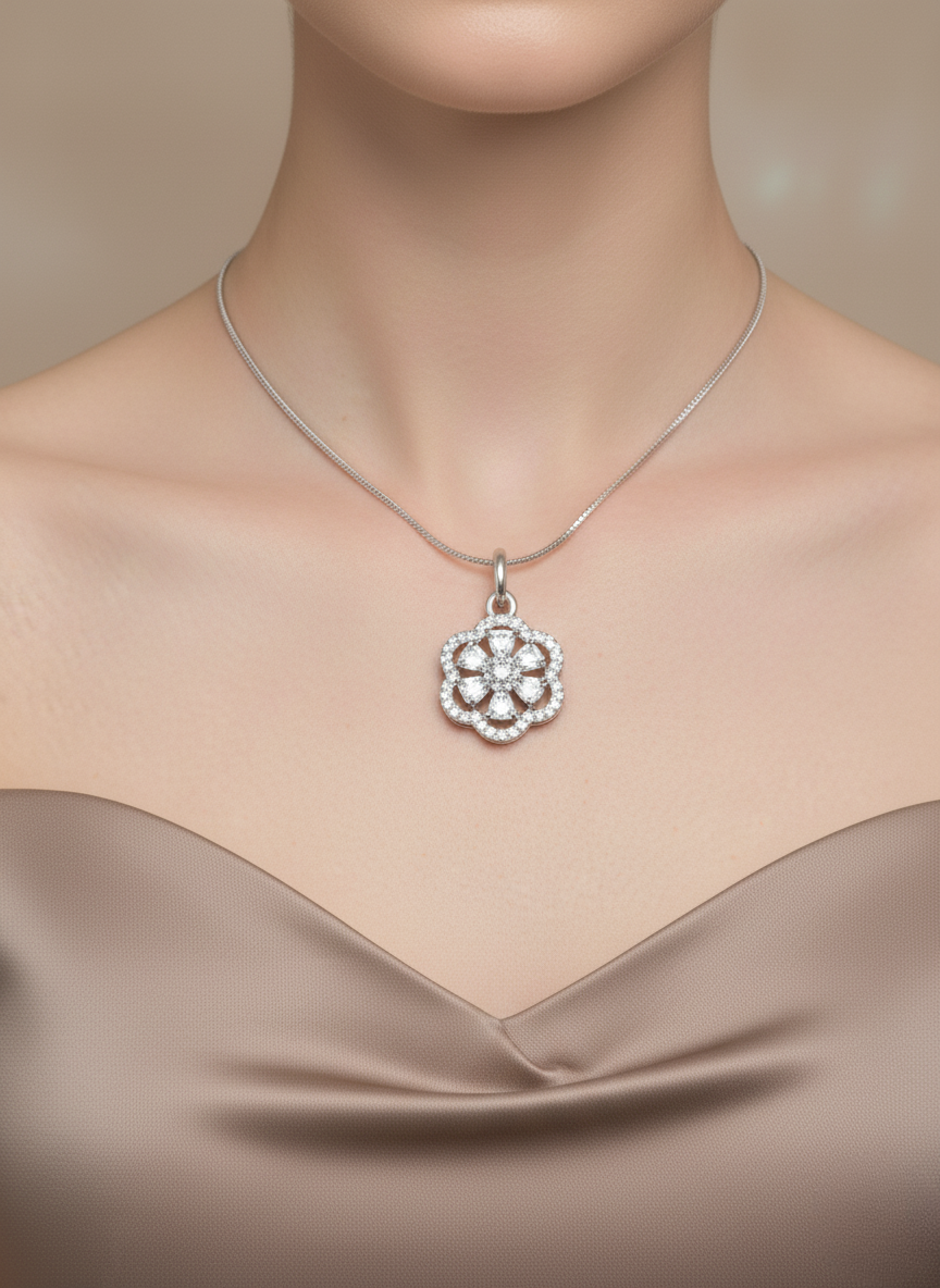 Ratmanee Crystal Flower Necklace – Simple Silver Pendant for Everyday Elegance