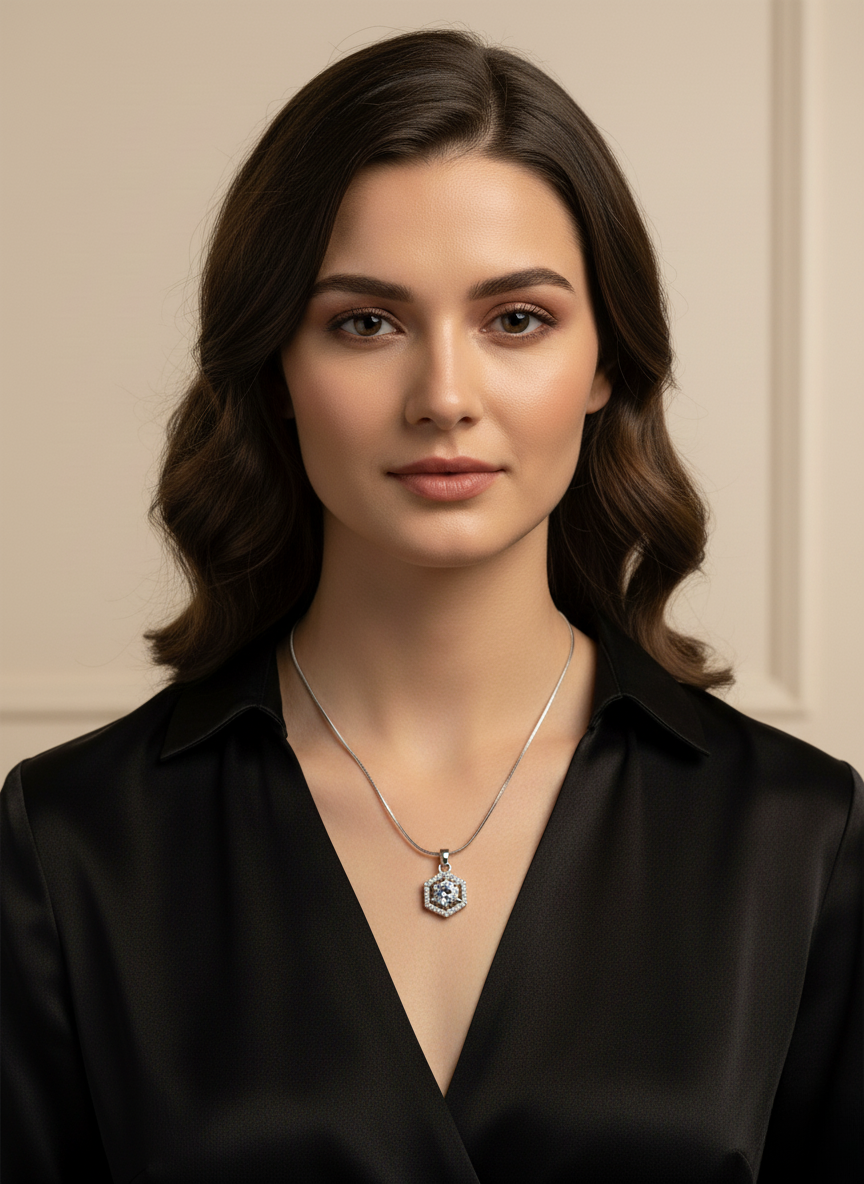 Ratmanee Silver Prism Necklace – Simple Hexagon Pendant with Crystal Center