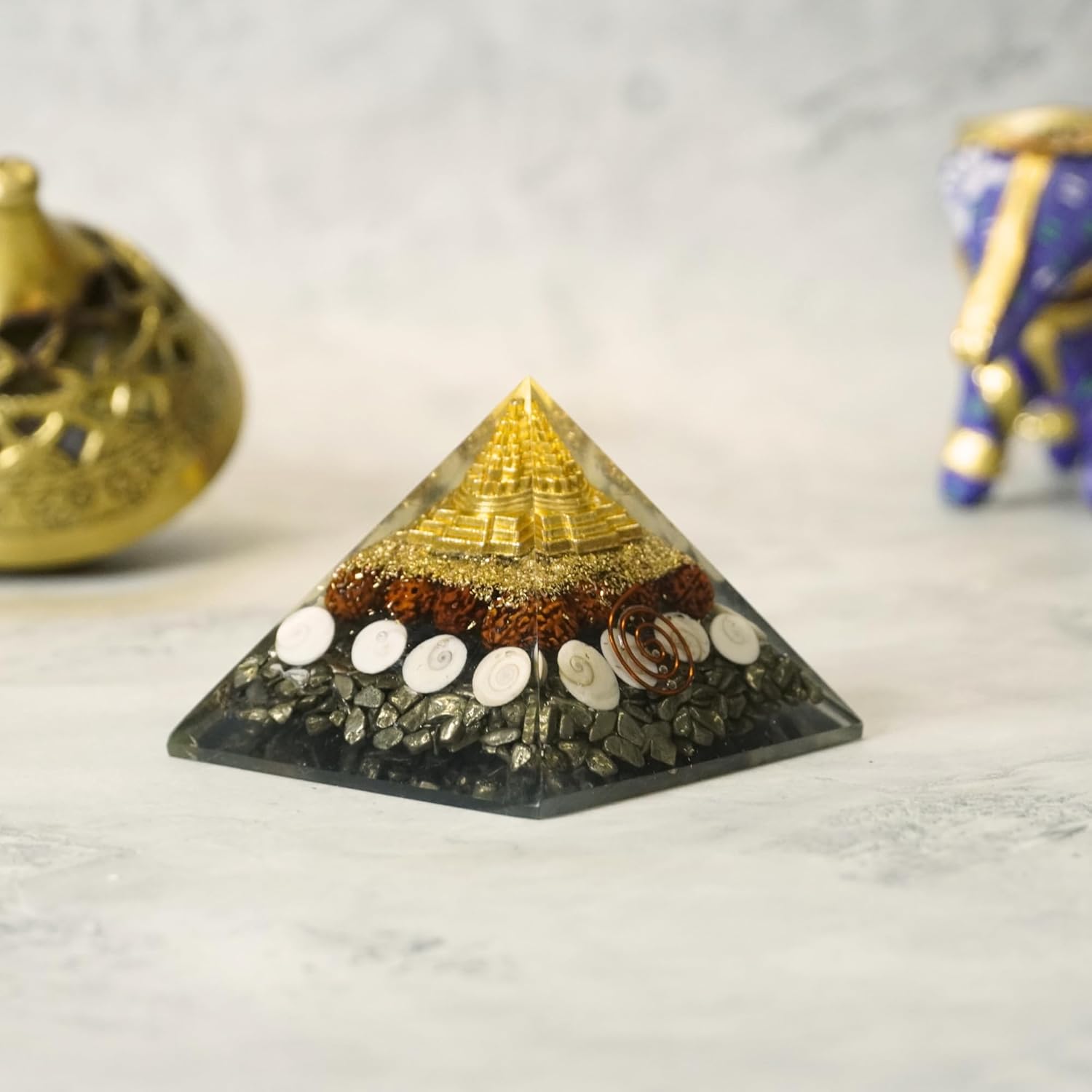 Dhanlabh Pyramid with Shree Yantra, Rudraksha, Gomti Chakra & Pyrite