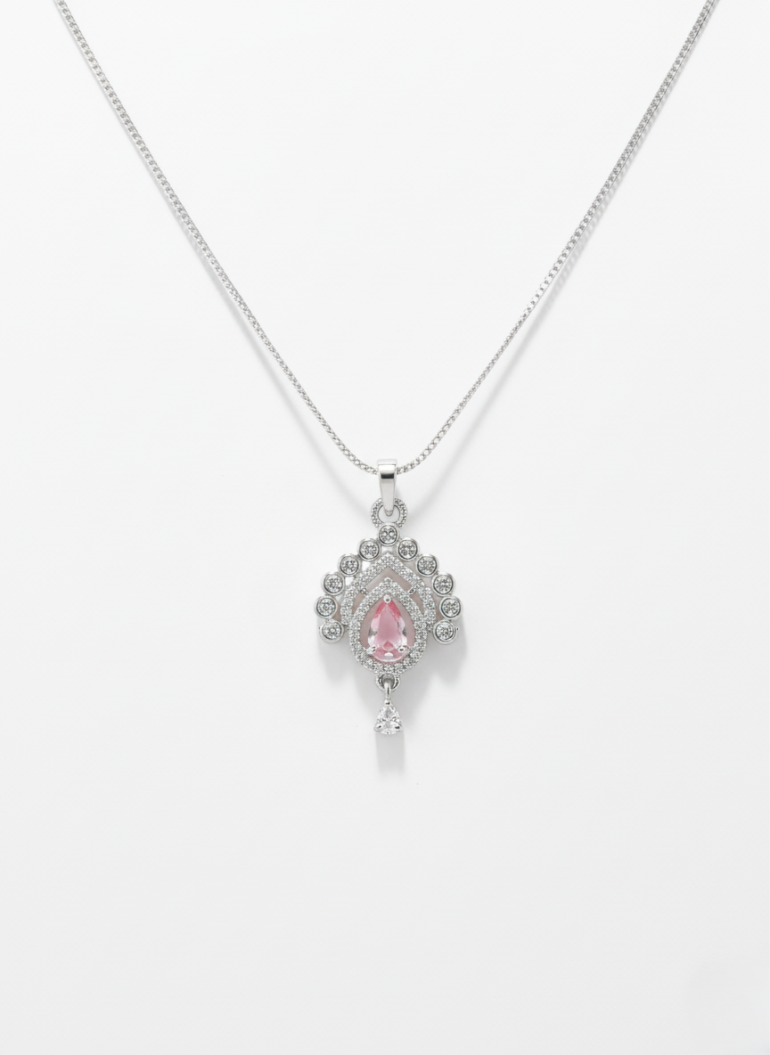 Ratmanee Silver Royale Pendant – Pink Teardrop Gem Necklace with Crystal Accents