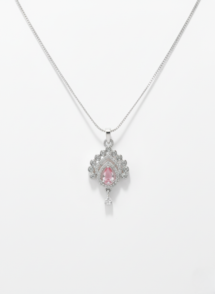 Ratmanee Silver Royale Pendant – Pink Teardrop Gem Necklace with Crystal Accents