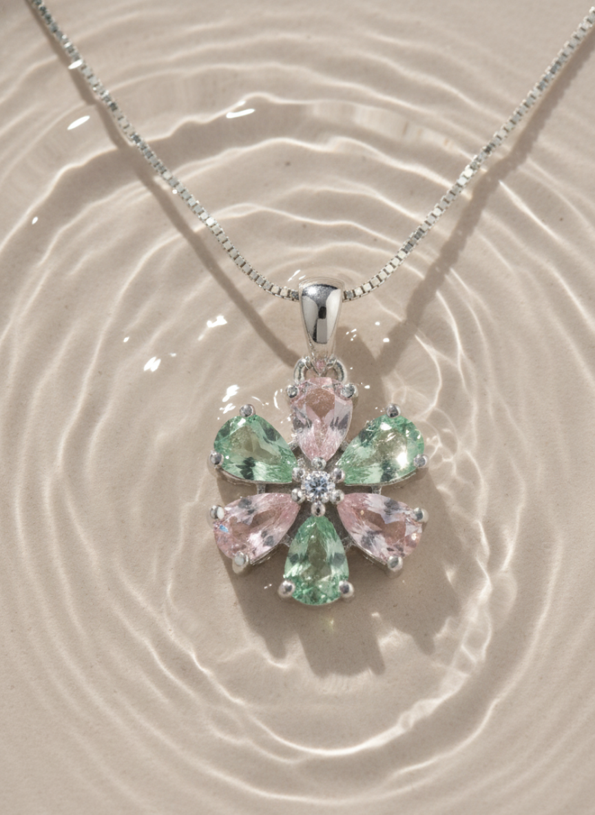 Ratmanee Blossom Pendant Necklace – Pink & Green Crystal Flower in Sterling Silver