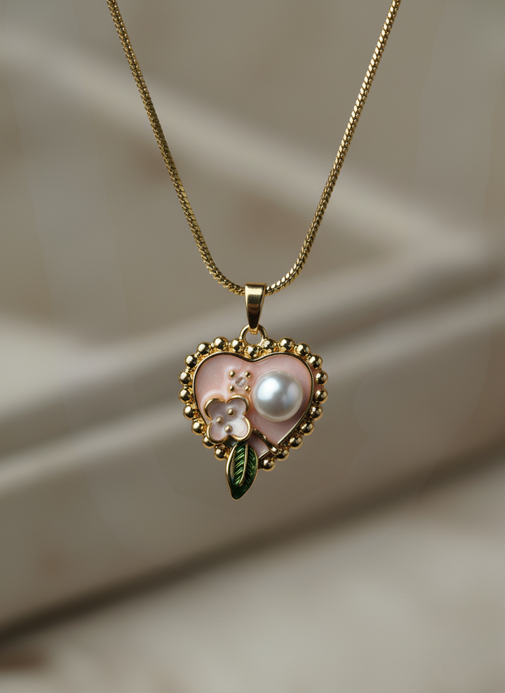 Ratmanee Heart Pearl Pendant – Gold Necklace with Enamel Flower and Leaf Design
