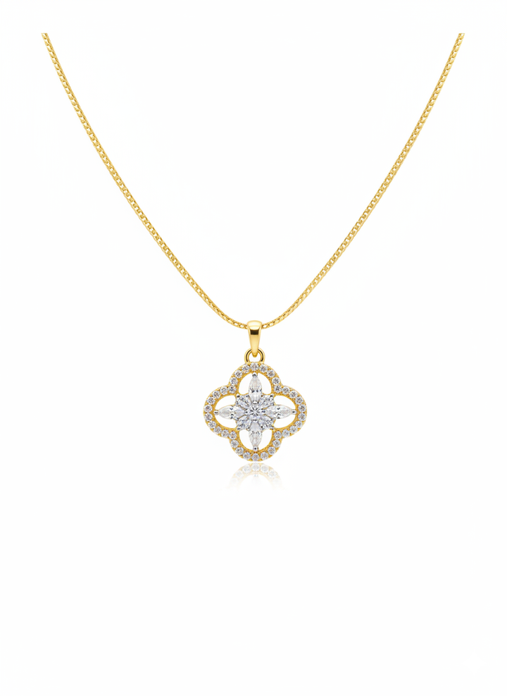 Ratmanee Golden Clover Pendant – Elegant Gold Necklace with Crystal Flower Center