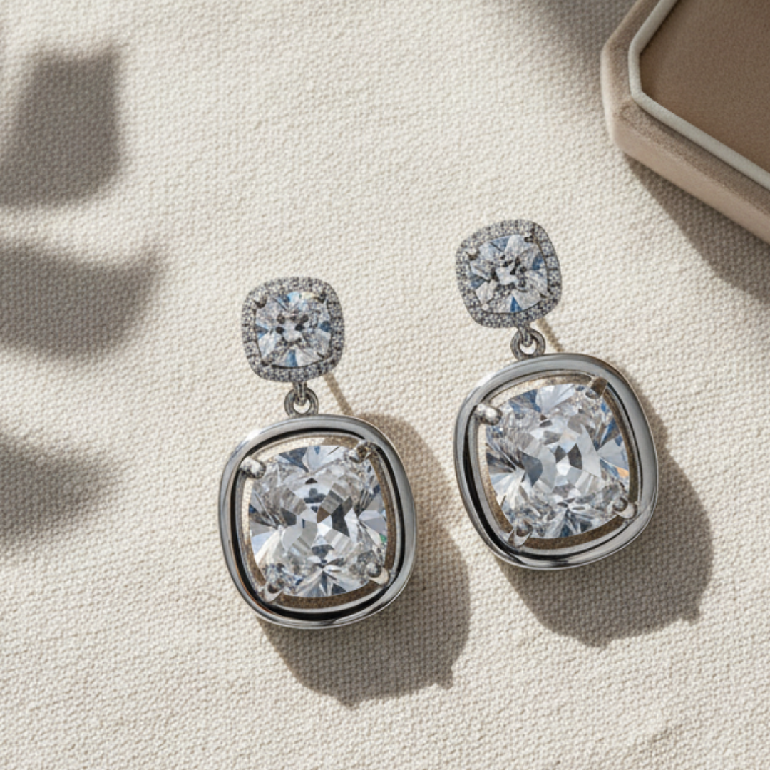 Silver Cushion-Cut Dangle Earrings Sparkling Crystal Statement Jewellery