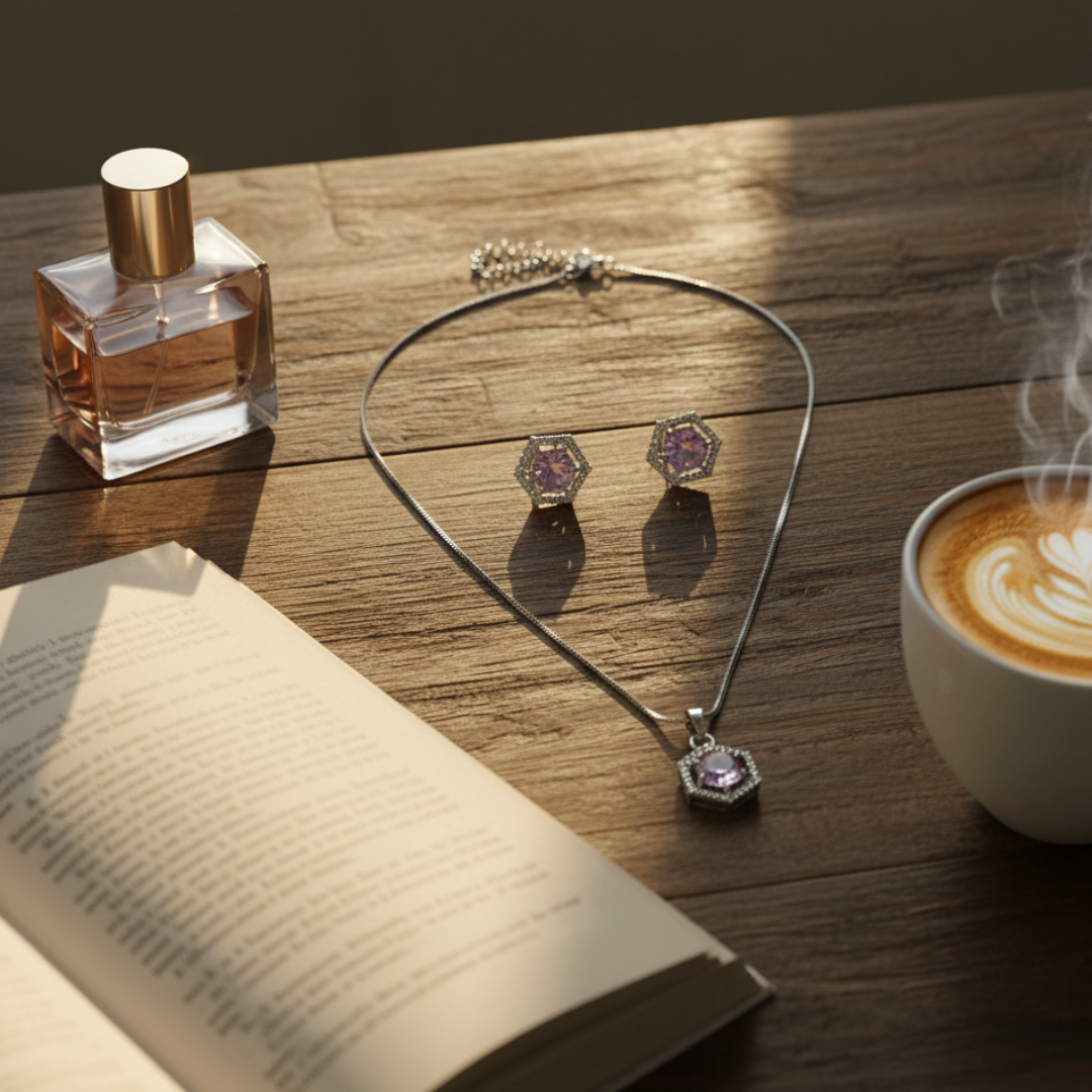 Hexagon Lavender Stone Jewellery Set Silver Pendant & Earrings for Women