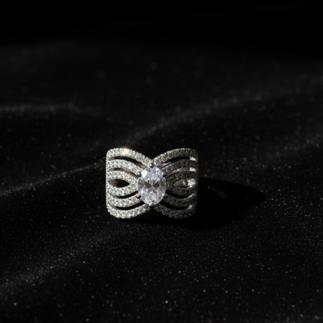 Silver Swirl Crystal Ring Elegant Statement Women’s Cocktail Jewellery