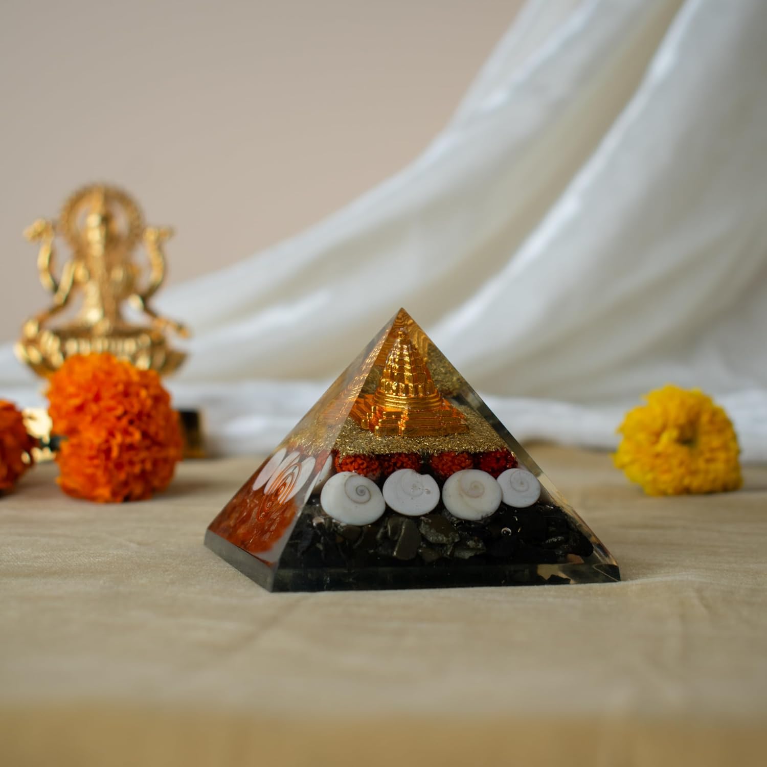 Dhanlabh Pyramid with Shree Yantra, Rudraksha, Gomti Chakra & Pyrite