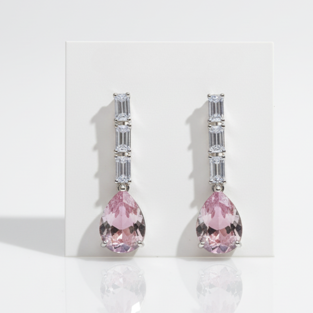 Pink Teardrop Dangle Earrings Elegant Crystal Silver Drop Earrings