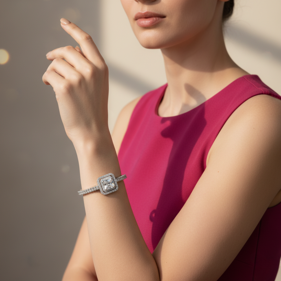 Silver Square-Cut Bracelet Elegant CZ Women’s Luxury Tennis Jewellery