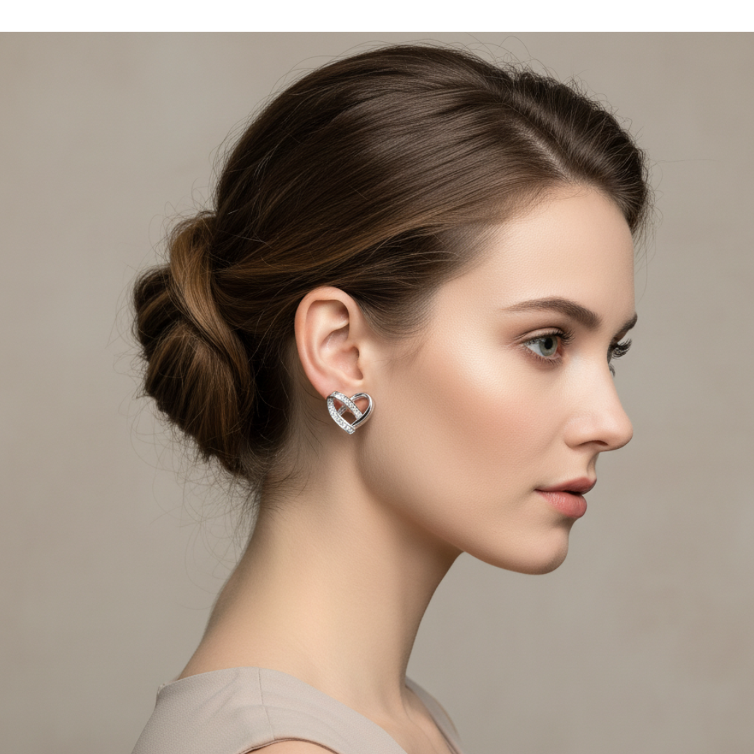 Silver Heart Stud Earrings Elegant Crystal-Studded Romantic Earrings