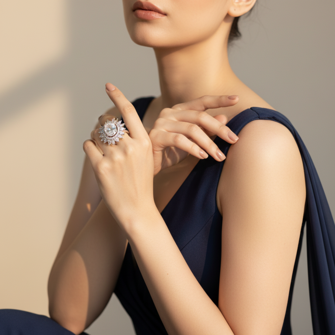 Oval Crystal Halo Ring Luxury Silver Statement Cocktail Jewellery