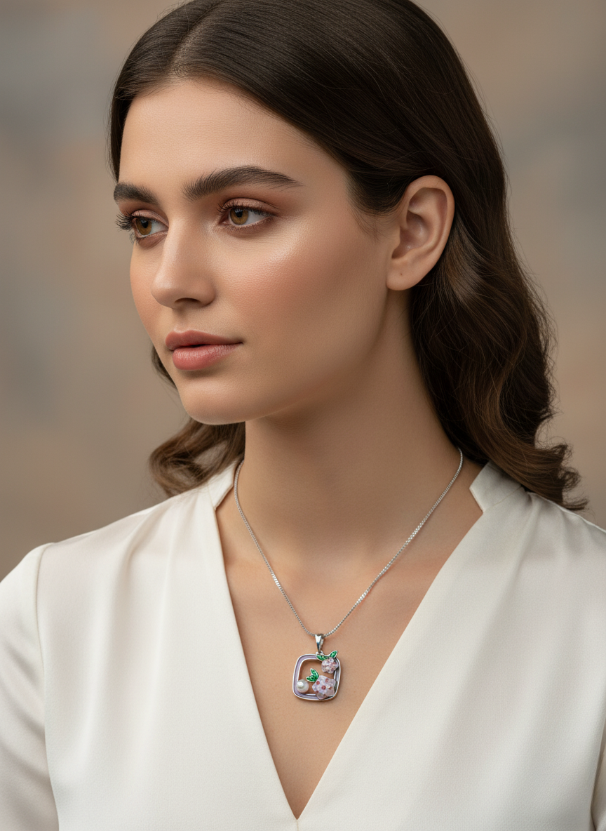 Ratmanee Lavender Bloom Pendant – Silver Necklace with Pearl and Enamel Flowers