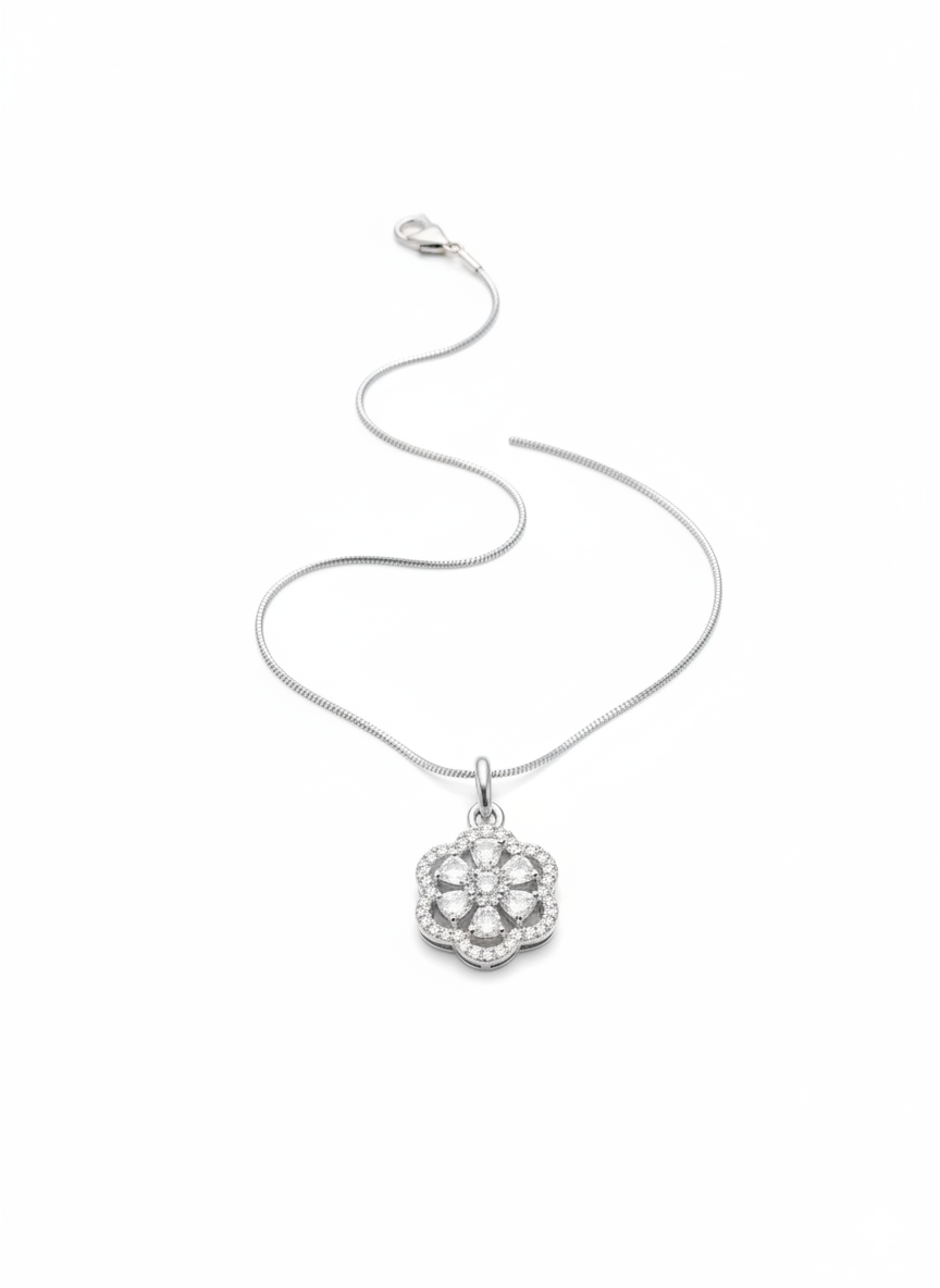 Ratmanee Crystal Flower Necklace – Simple Silver Pendant for Everyday Elegance