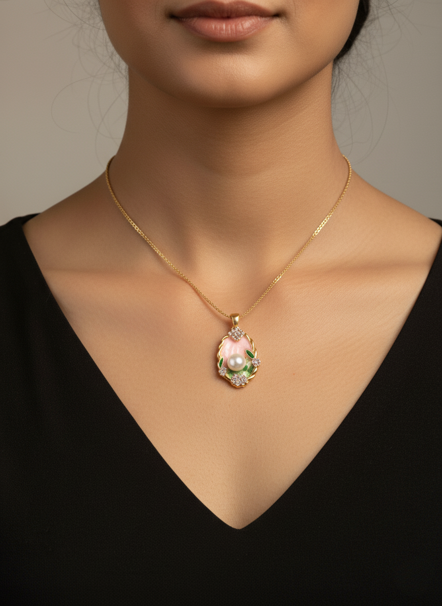 Ratmanee Pearl Bloom Necklace – Gold-Plated Pendant with Pink Enamel and Crystal Flowers