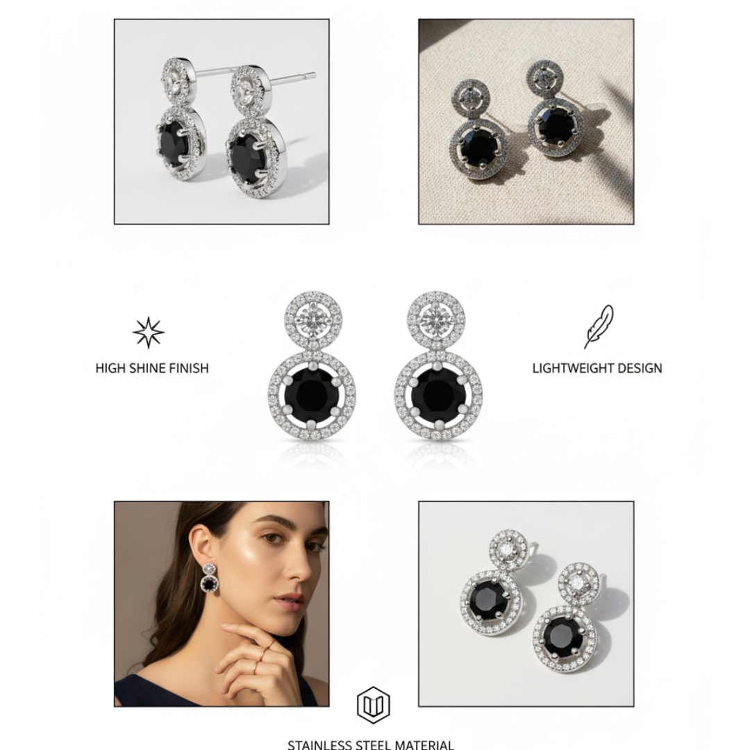 Black Crystal Halo Earrings Elegant Silver Statement Stud Drop Jewellery