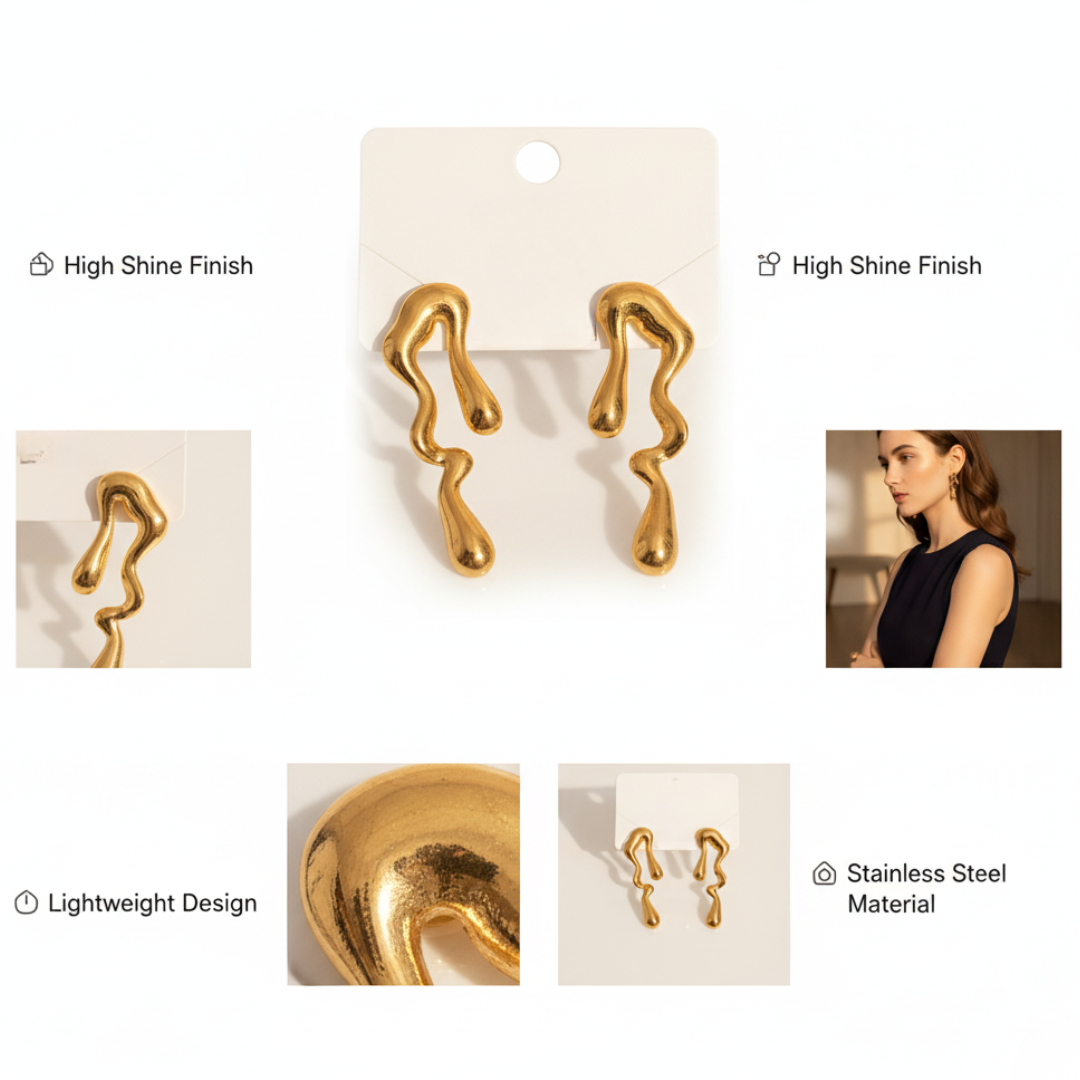Golden Abstract Melt-Design Statement Earrings