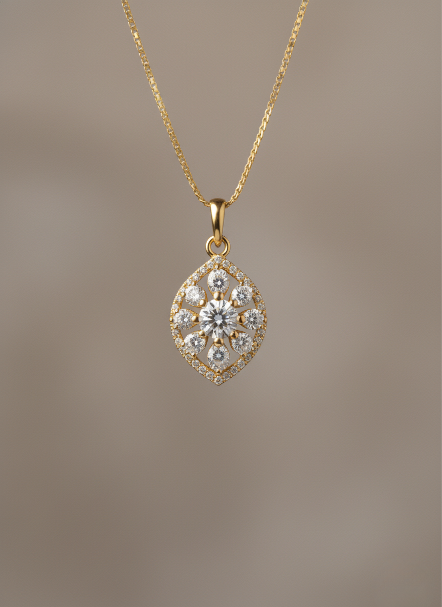 Ratmanee Golden Radiance Pendant – Teardrop Necklace with Sparkling Crystal Design