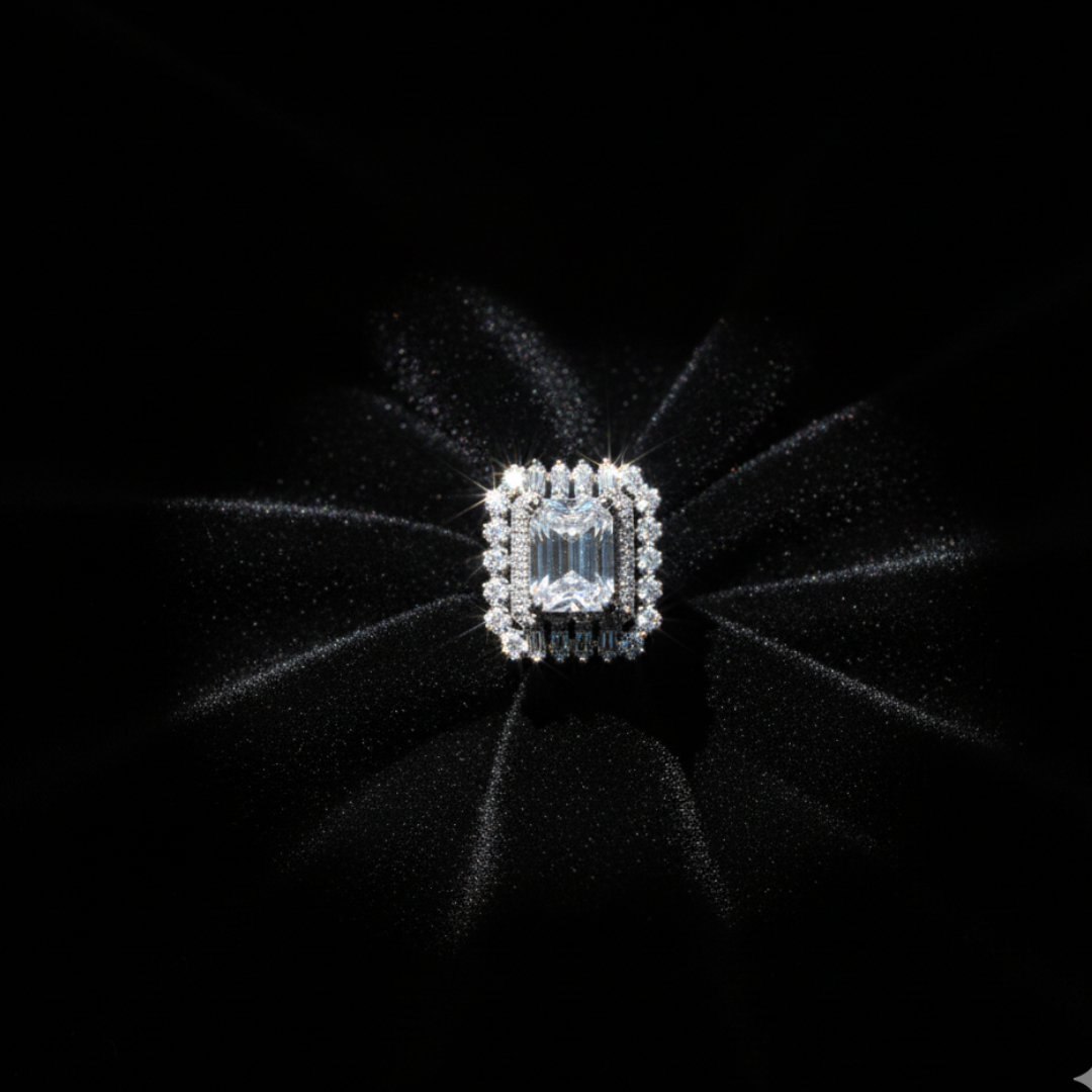 Emerald-Cut Crystal Halo Ring Luxury Silver Cocktail Statement Jewellery