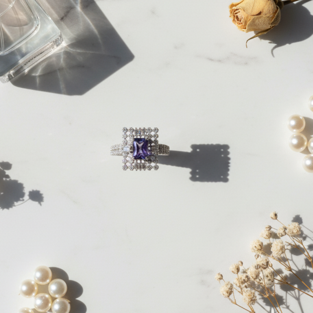 Violet Crystal Halo Ring Luxury Silver Cocktail & Statement Jewellery