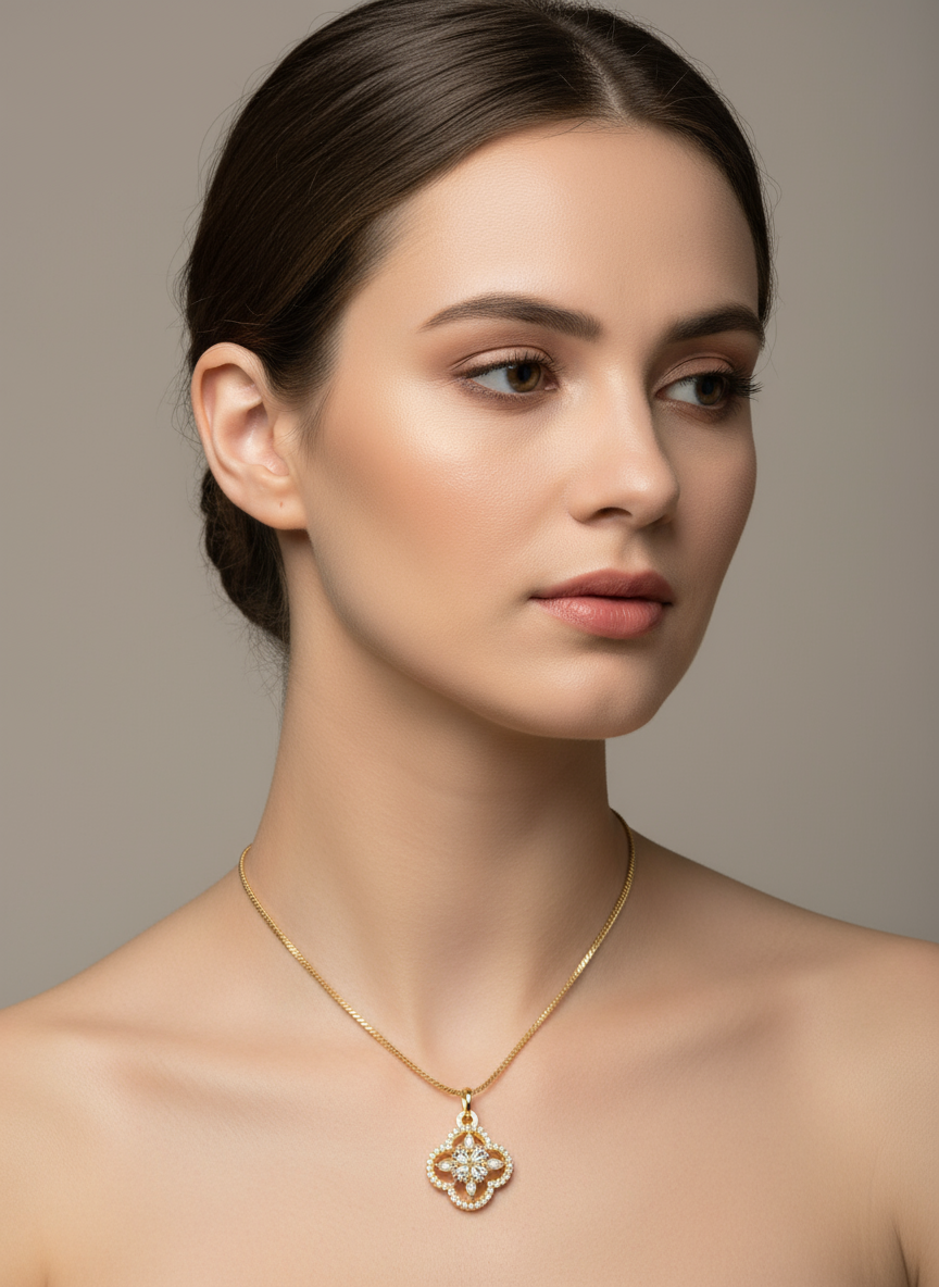 Ratmanee Golden Clover Pendant – Elegant Gold Necklace with Crystal Flower Center