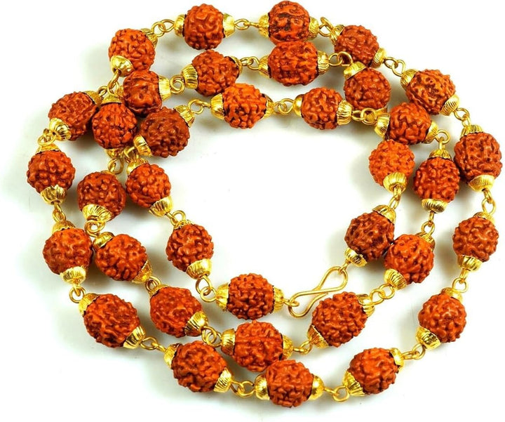 Natural Rudraksha Mala with Gold-Tone Link Chain | Premium Spiritual Necklace for Men & Women