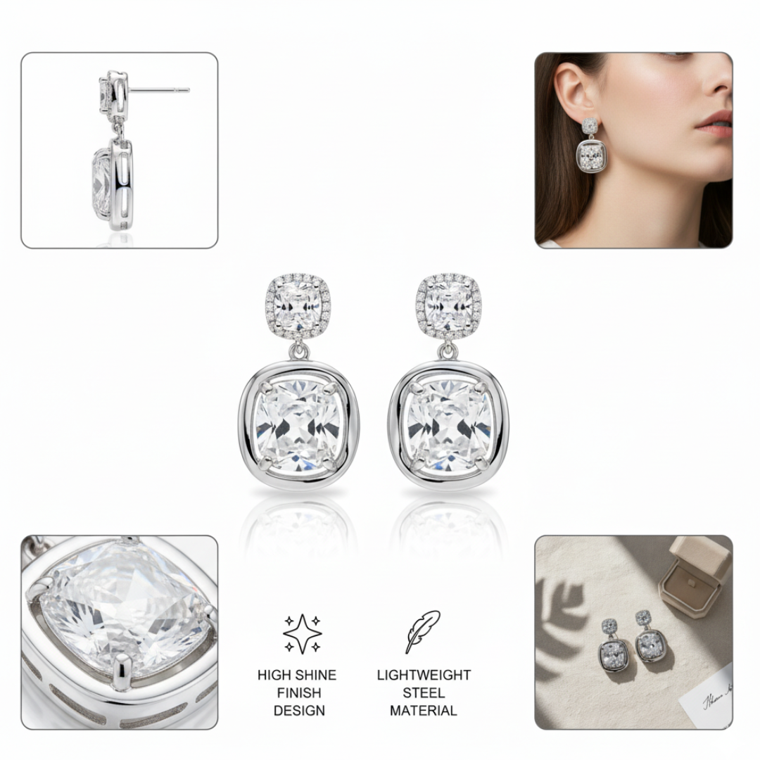 Silver Cushion-Cut Dangle Earrings Sparkling Crystal Statement Jewellery