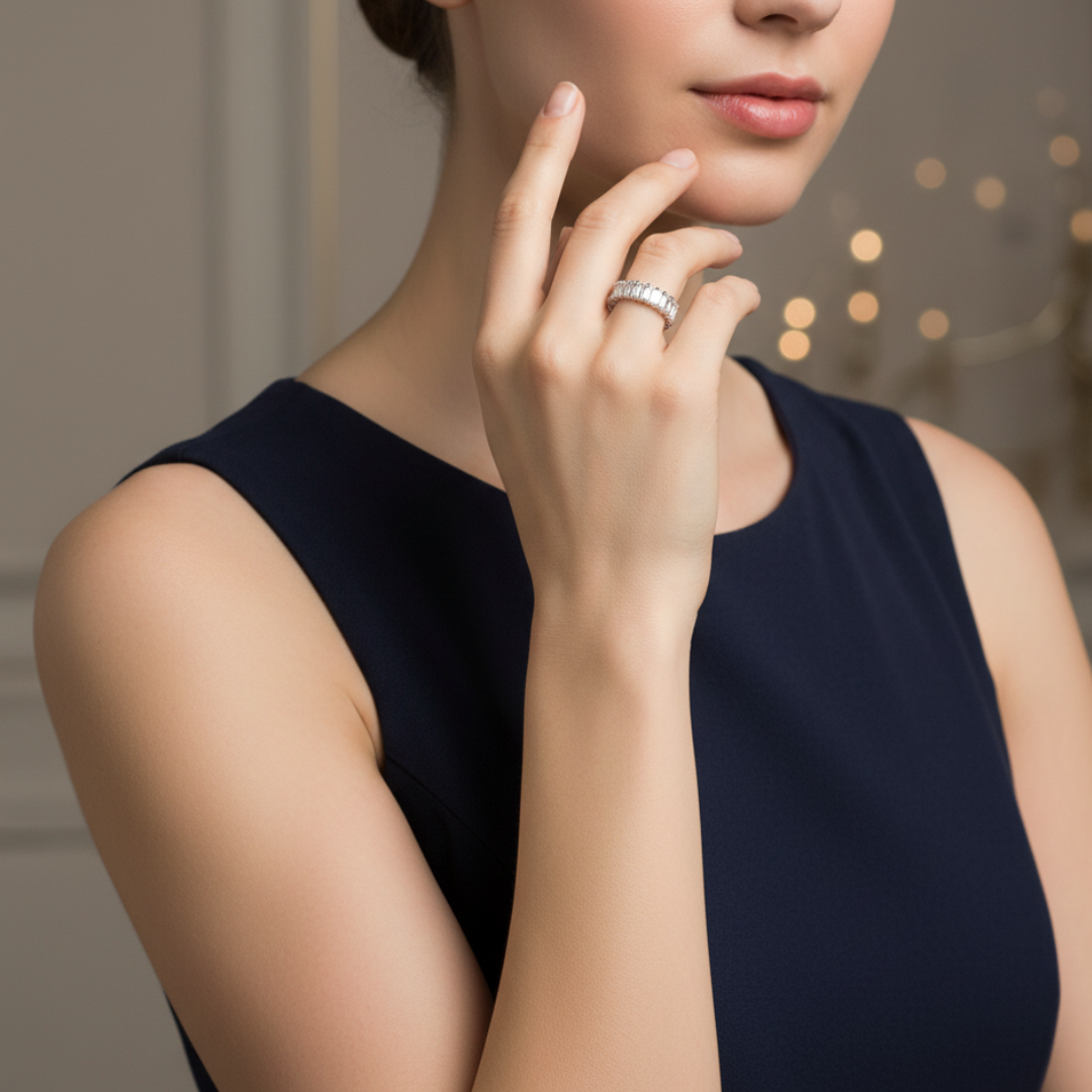 Silver Baguette Eternity Band Elegant Crystal Stackable Women’s Ring