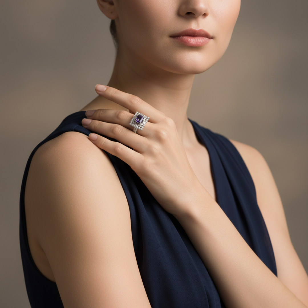 Violet Crystal Halo Ring Luxury Silver Cocktail & Statement Jewellery