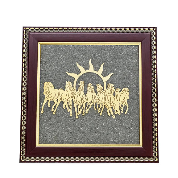 7 Running Horses Raw Pyrite Frame with Gold Finish | Vastu Wealth & Success Wall Décor