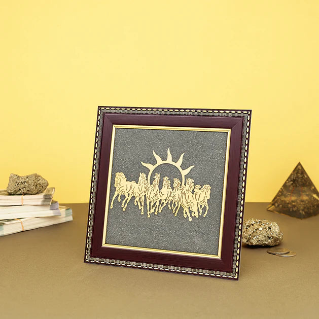 7 Running Horses Raw Pyrite Frame with Gold Finish | Vastu Wealth & Success Wall Décor