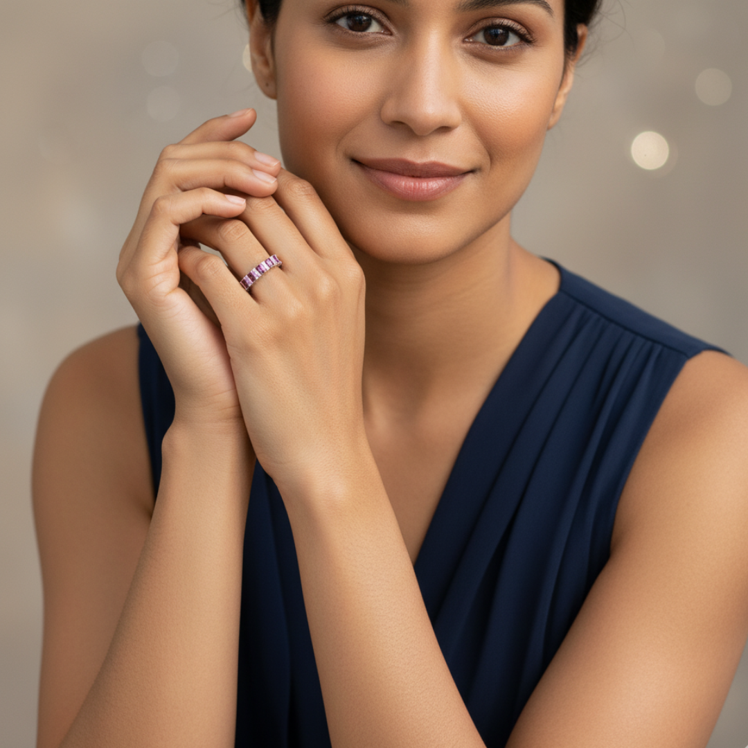 Ruby Baguette Eternity Ring Silver Crystal Accent Elegant Women’s Jewellery