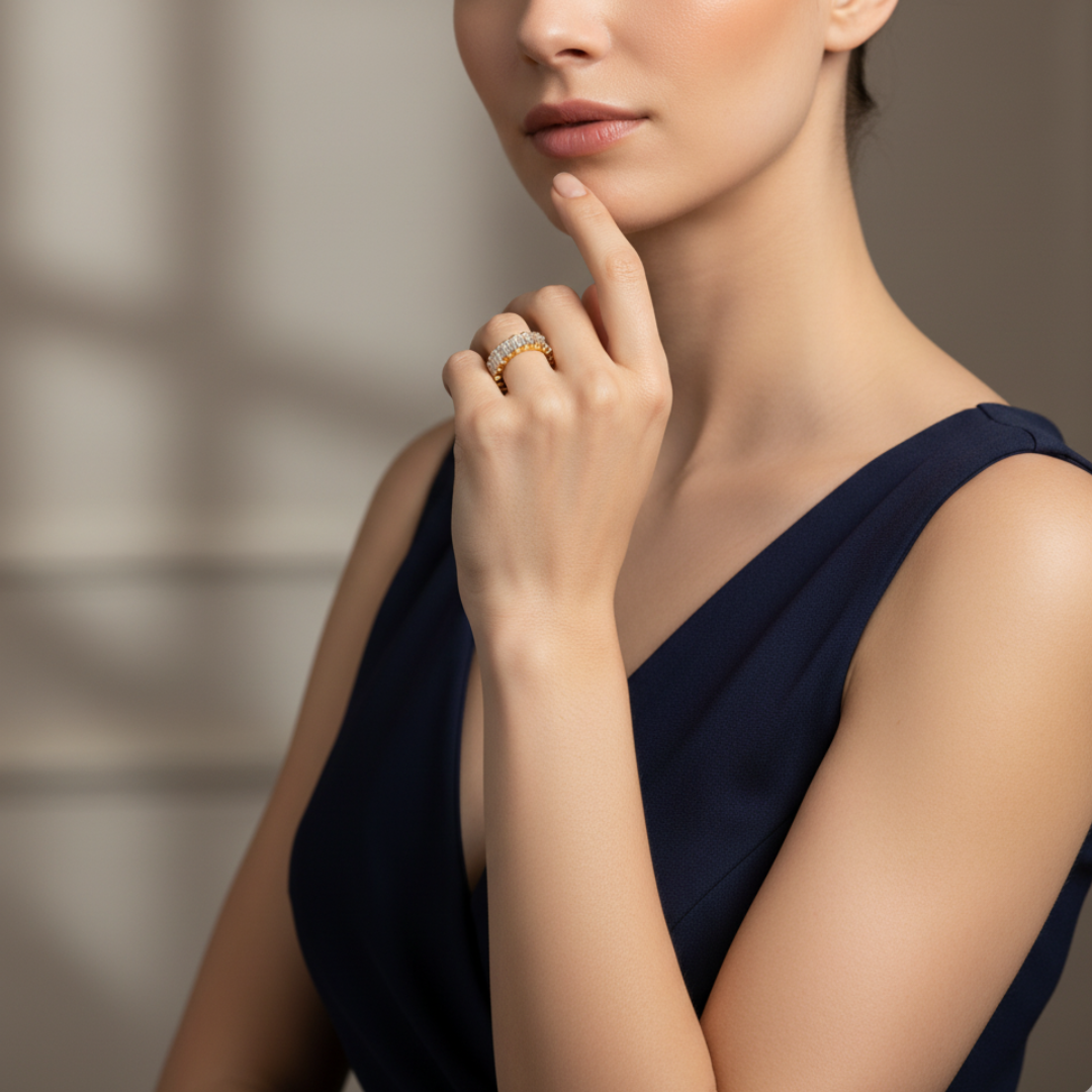 Gold Baguette Crystal Band Ring Elegant Everyday Stackable Jewellery