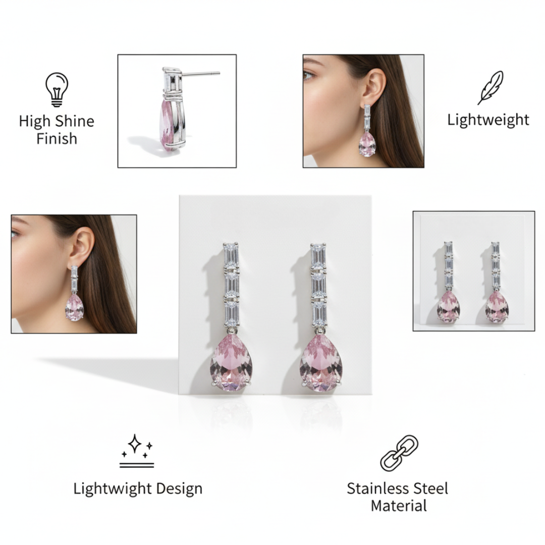 Pink Teardrop Dangle Earrings Elegant Crystal Silver Drop Earrings