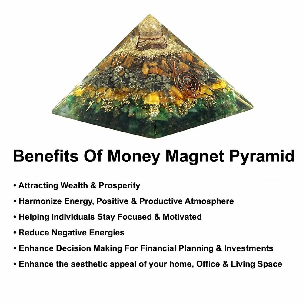 Money Magnet Pyramid with Pyrite, Tiger Eye, Citrine and Aventurine Stones