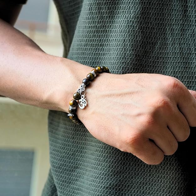 Natural Tiger Eye Bracelet with Om Charm | Protection, Focus & Spiritual Strength Bracelet