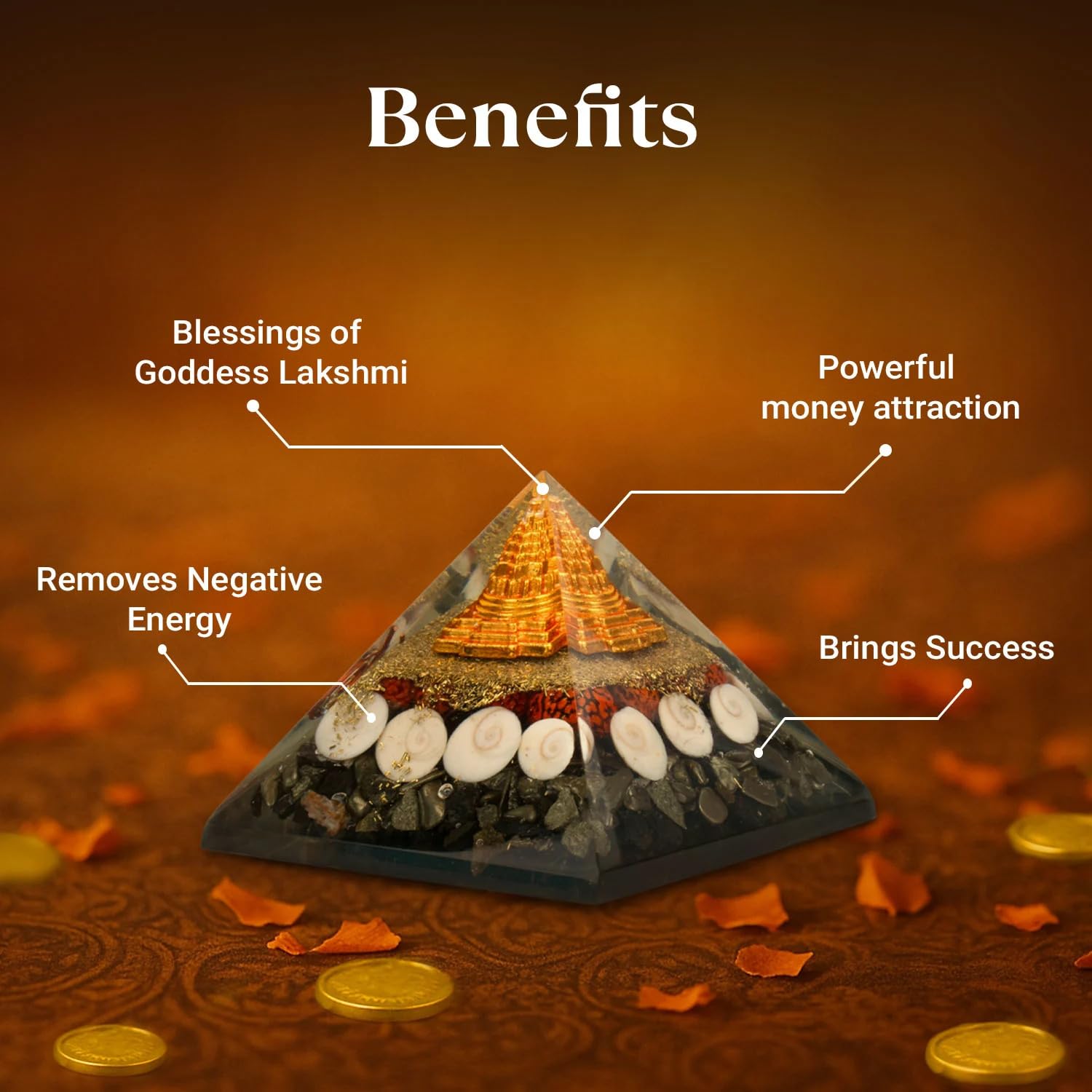 Dhanlabh Pyramid with Shree Yantra, Rudraksha, Gomti Chakra & Pyrite