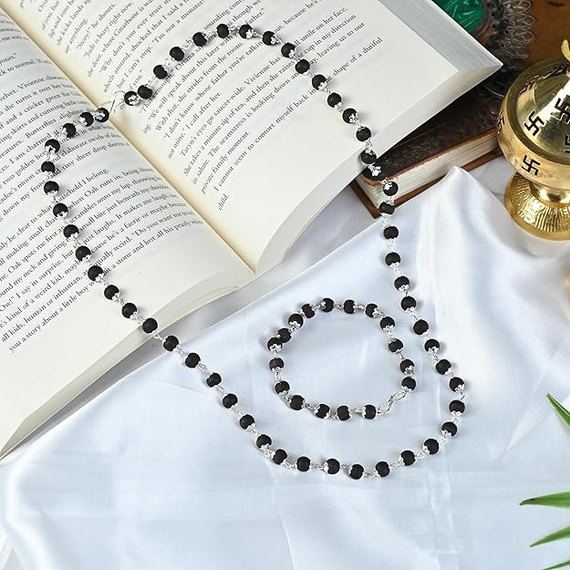 Karungali Mala & Bracelet Combo 54+1 Silver Capped 6mm Beads | Spiritual Black Beads Set for Puja, Jap, Meditation | Unisex Gift Item