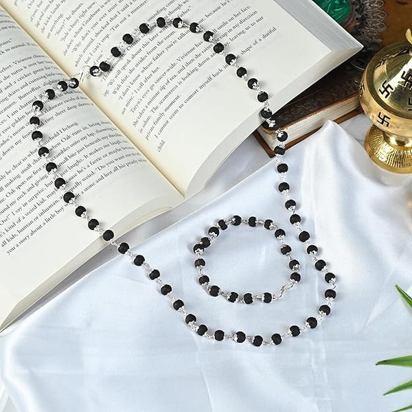 Karungali Mala & Bracelet Combo 54+1 Silver Capped 6mm Beads | Spiritual Black Beads Set for Puja, Jap, Meditation | Unisex Gift Item