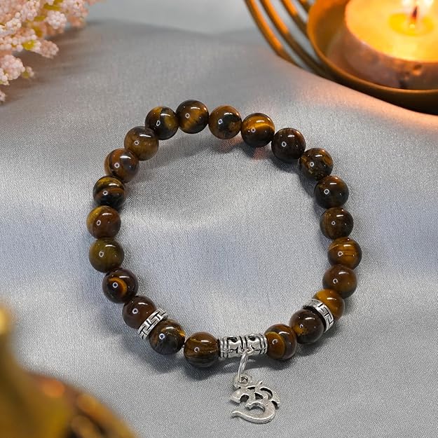 Natural Tiger Eye Bracelet with Om Charm | Protection, Focus & Spiritual Strength Bracelet