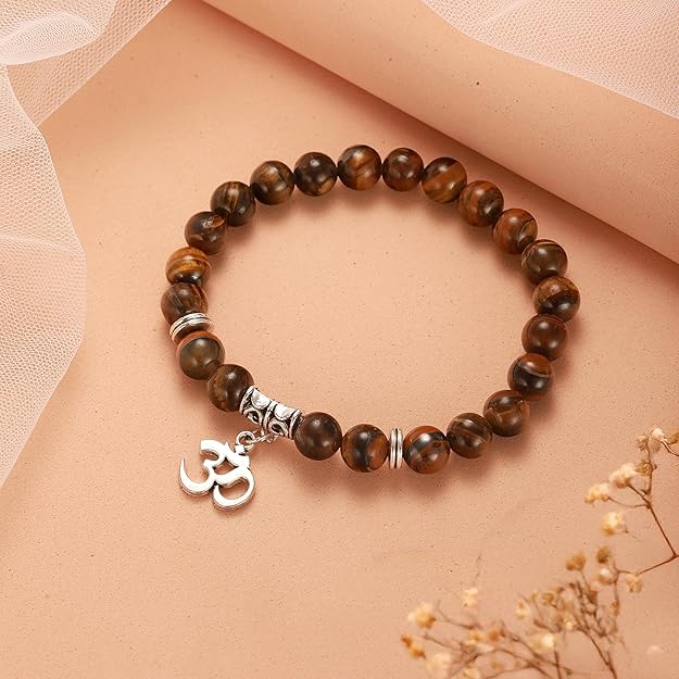 Natural Tiger Eye Bracelet with Om Charm | Protection, Focus & Spiritual Strength Bracelet