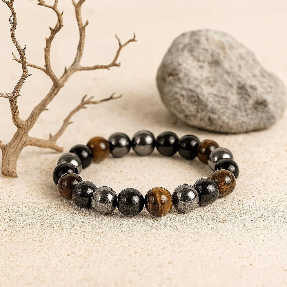Triple Protection Bracelet-Tiger Eye, Black Obsidian, Hematite, Evil Eye - Spiritual Healing and Positive Energy
