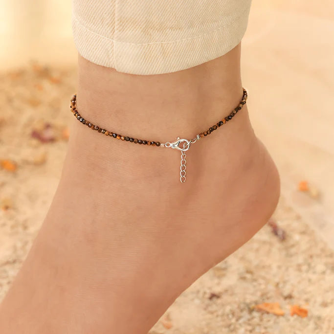 Natural Tiger Eye Stone Anklet with Silver Clasp | Protection & Confidence Anklet for Men & Women