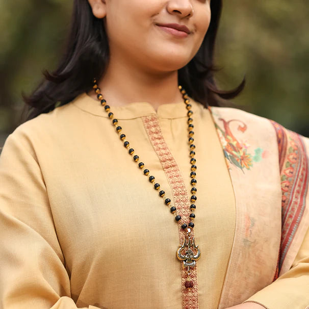 Karungali Malai in Gold-Cap with Shiv Trishul & Rudraksha Pendant