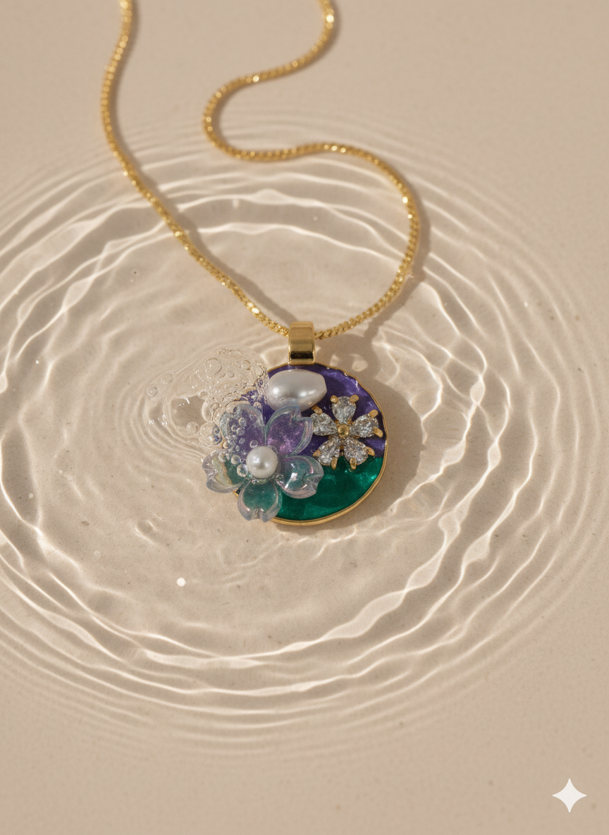 Ratmanee Garden Bloom Necklace – Artistic Gold Pendant with Pearl and Enamel Flowers