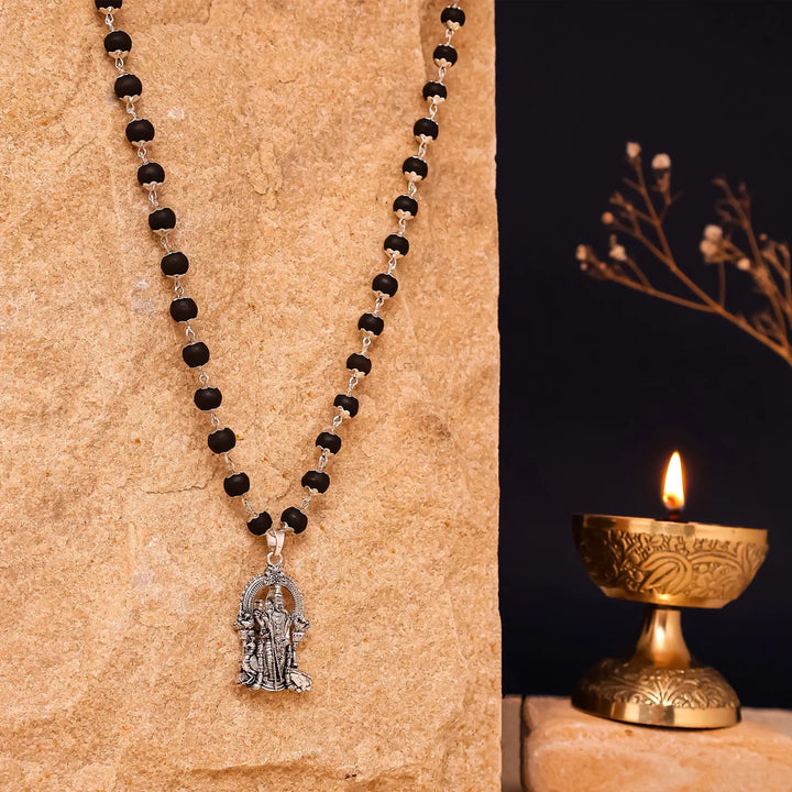 Black Bead Mala with Lord Murugan Silver Pendant | Sacred Spiritual Necklace for Men & Women