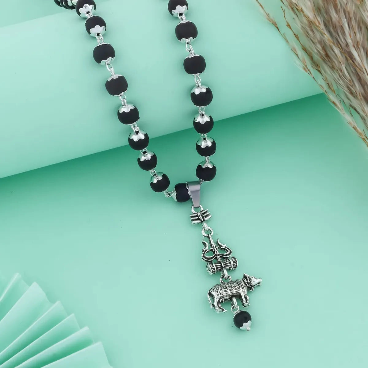 Karungali Bead Mala with Trishul & Nandi Silver Pendant | Divine Shiva Protection Necklace