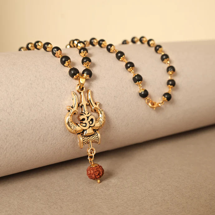 Karungali Malai in Gold-Cap with Shiv Trishul & Rudraksha Pendant