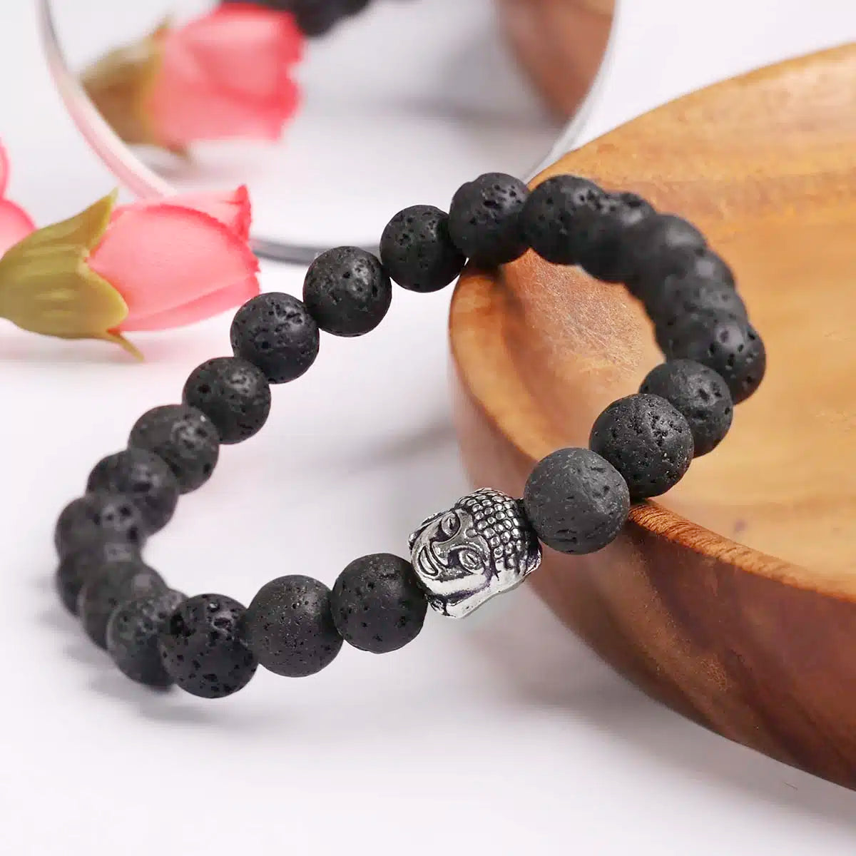 Natural Lava Stone Bracelet with Buddha Charm | Grounding, Calm & Mindfulness Bracelet