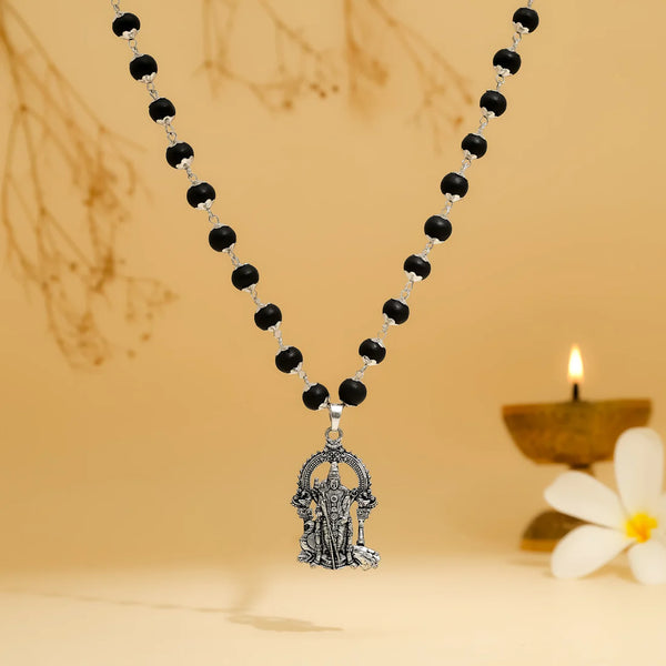 Black Bead Mala with Lord Murugan Silver Pendant | Sacred Spiritual Necklace for Men & Women